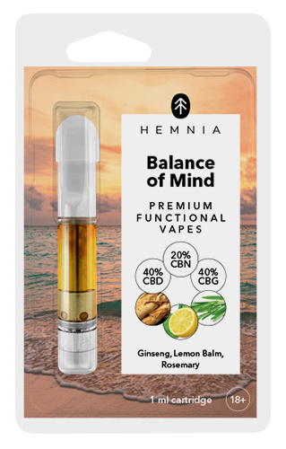 Cartridge Balance of Mind – 40% CBD, 40% CBG, 20% CBN, ženšen, medovka, rozmarín, 1 ml